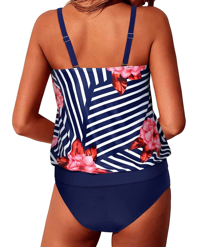 Yonique Two Piece Tankini Swimsuits for Women Blouson Bathing Suits Modest Swimwear Blue Floral L - Image 2